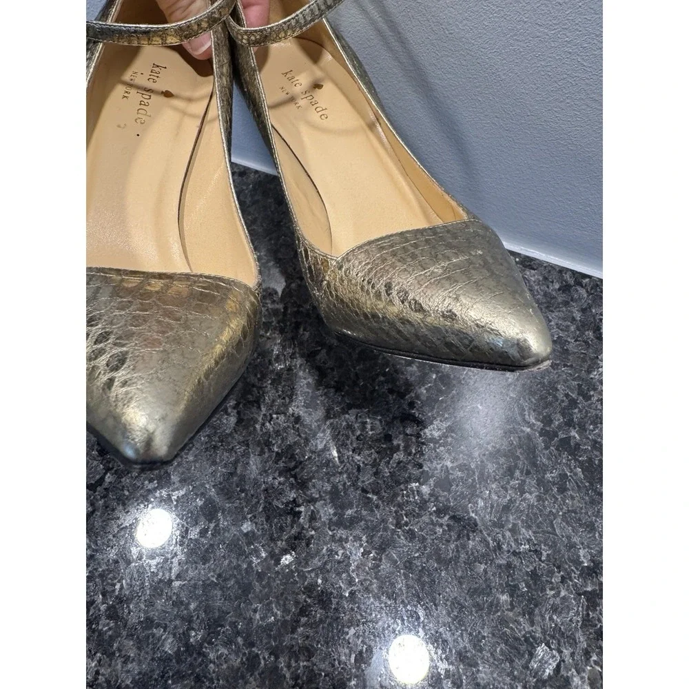Kate Spade Women‎ Size 6 Gold Snake skin Pattern Ankle Strap Pointed heels 3.5”